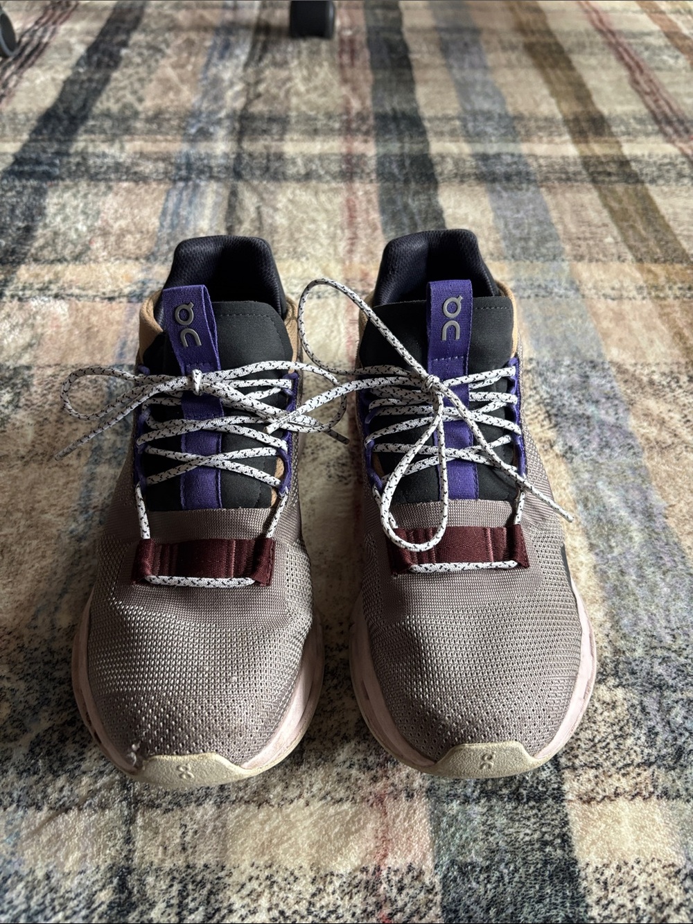 On Running Sneakers in Taupe with Purple Accents